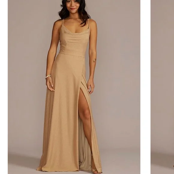 slim fit dress slacks David's Bridal Gold Metallic Taupe Lace and Mesh Long Strapless Dress –  Sonderleigh main image 0